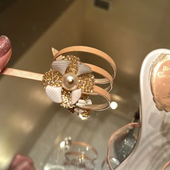 Rene Caovilla Karung Rose Gold Flower Ankle Wrap Heels - Picture 9 of 11